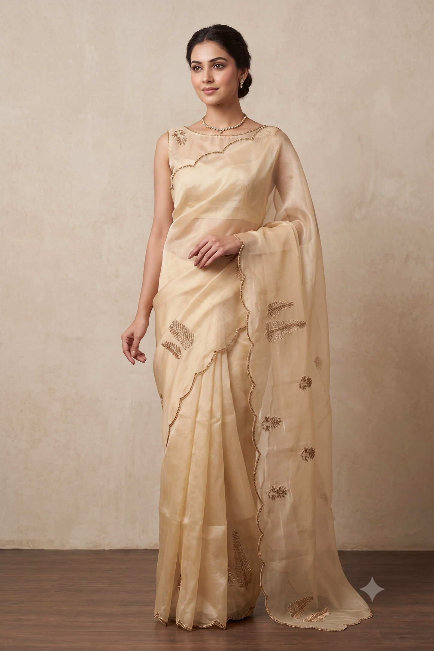 Off-White Organza Silk Embroidery Saree, With Unstiched Blouse