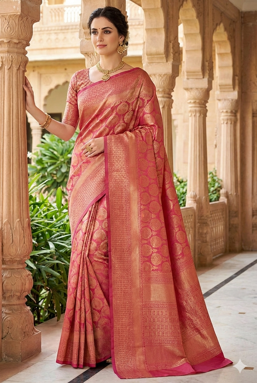 Golden Pink Pure Kanjeevaram Silk Saree, With Unstiched Blouse