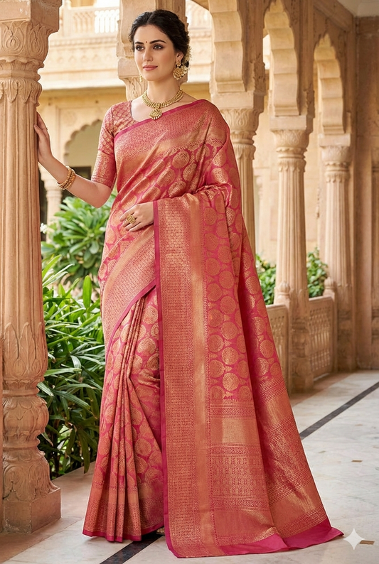 Golden Pink Pure Kanjeevaram Silk Saree, With Unstiched Blouse