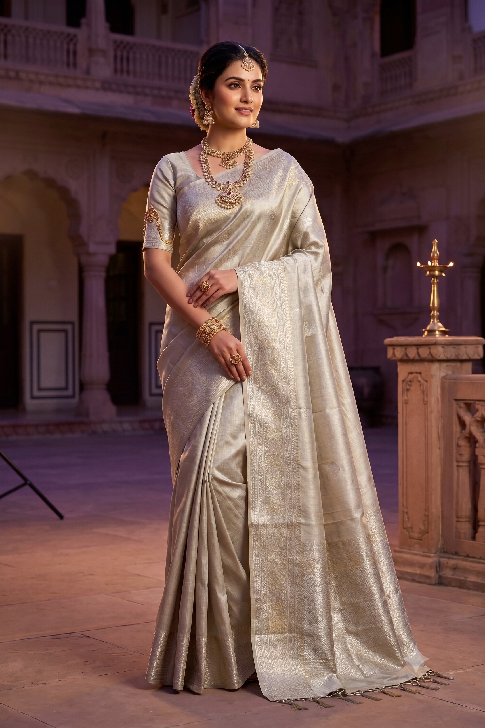 Beige pure Kanjeevaram silk saree from Saarang Sarees with an unstiched blouse, traditional Indian attire, intricate silk design.