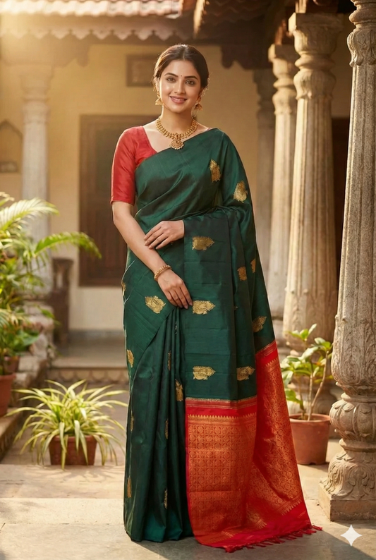 Bottle green pure Kanjeevaram silk saree with intricate gold zari work and an unstiched matching blouse, traditional wear by Saarang Sarees.
