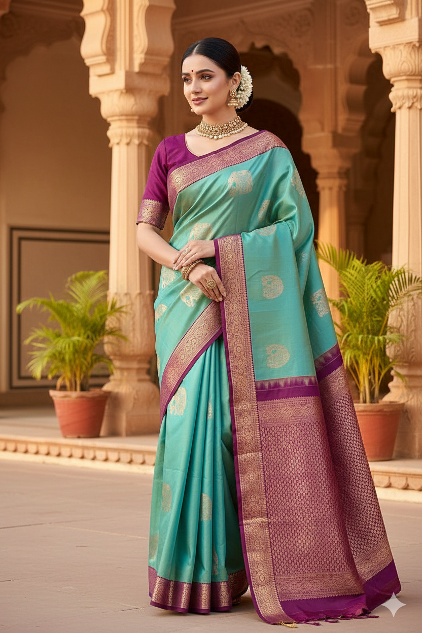 Sea Green Colour Pure Kanjeevaram Silk Saree, With Unstiched Blouse