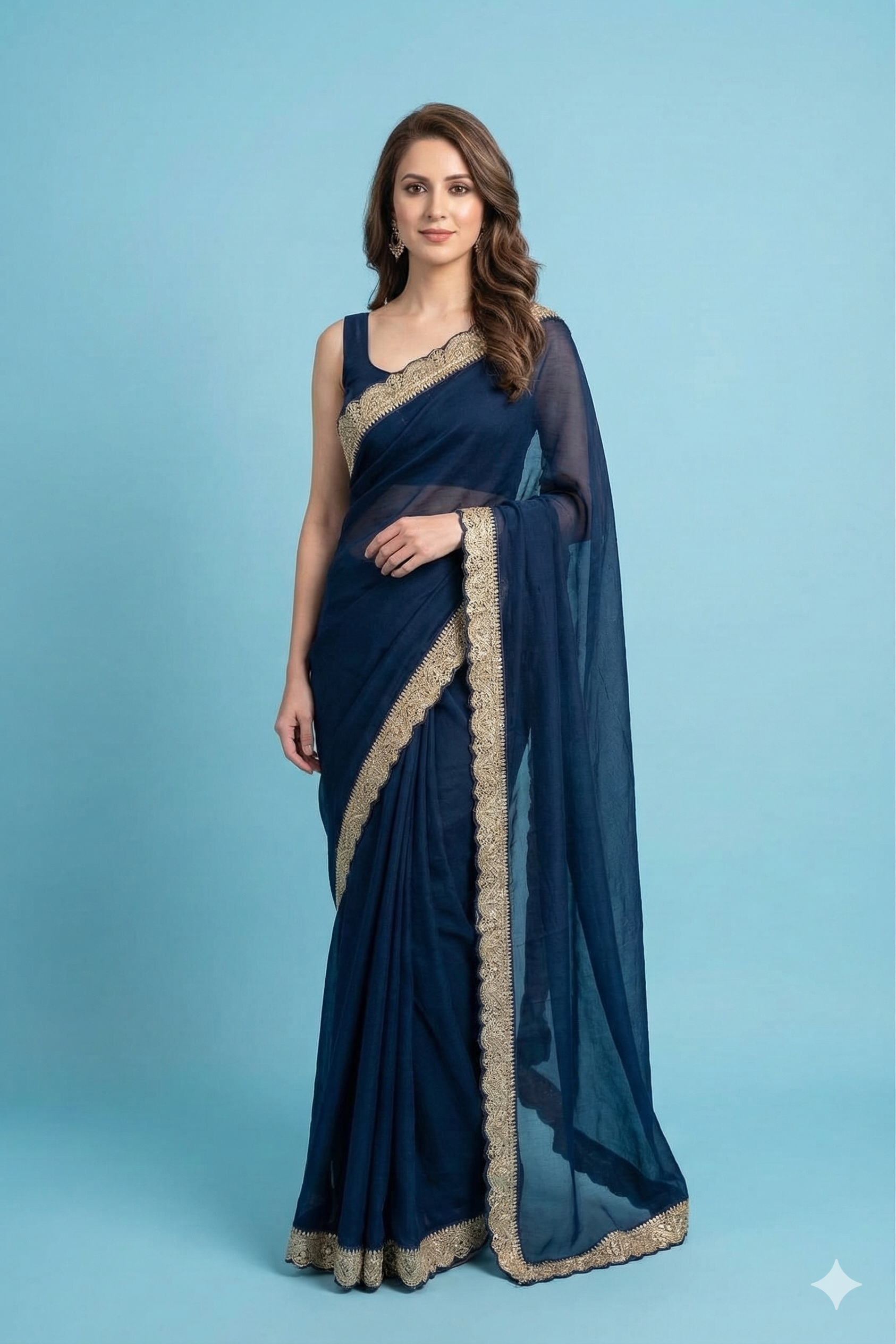 Navy blue organza silk saree with zari border, party wear by Saarang Sarees, showcasing elegant drape and intricate border details.