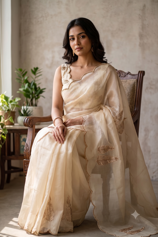 Off-White Organza Silk Embroidery Saree, With Unstiched Blouse