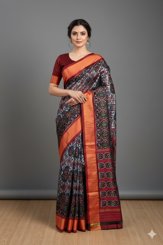 Brown & Multi Pochampally Ikat Silk Saree, White Colour Weaving With Unstiched Blouse - Saarang Sarees