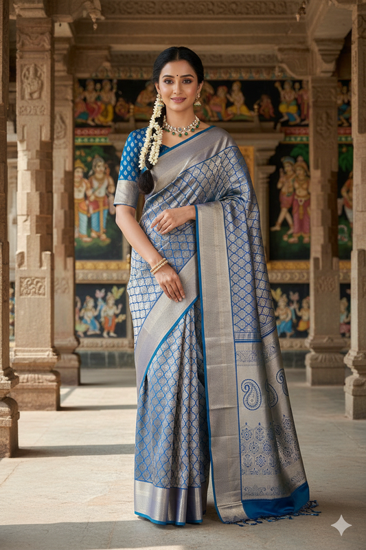 Blue Pure Kanjeevaram Silk Saree, With Unstiched Blouse