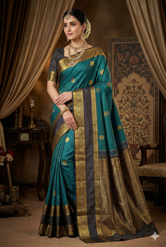 Teal Pure Kanjeevaram Silk Saree, With Unstiched Blouse - Saarang Sarees