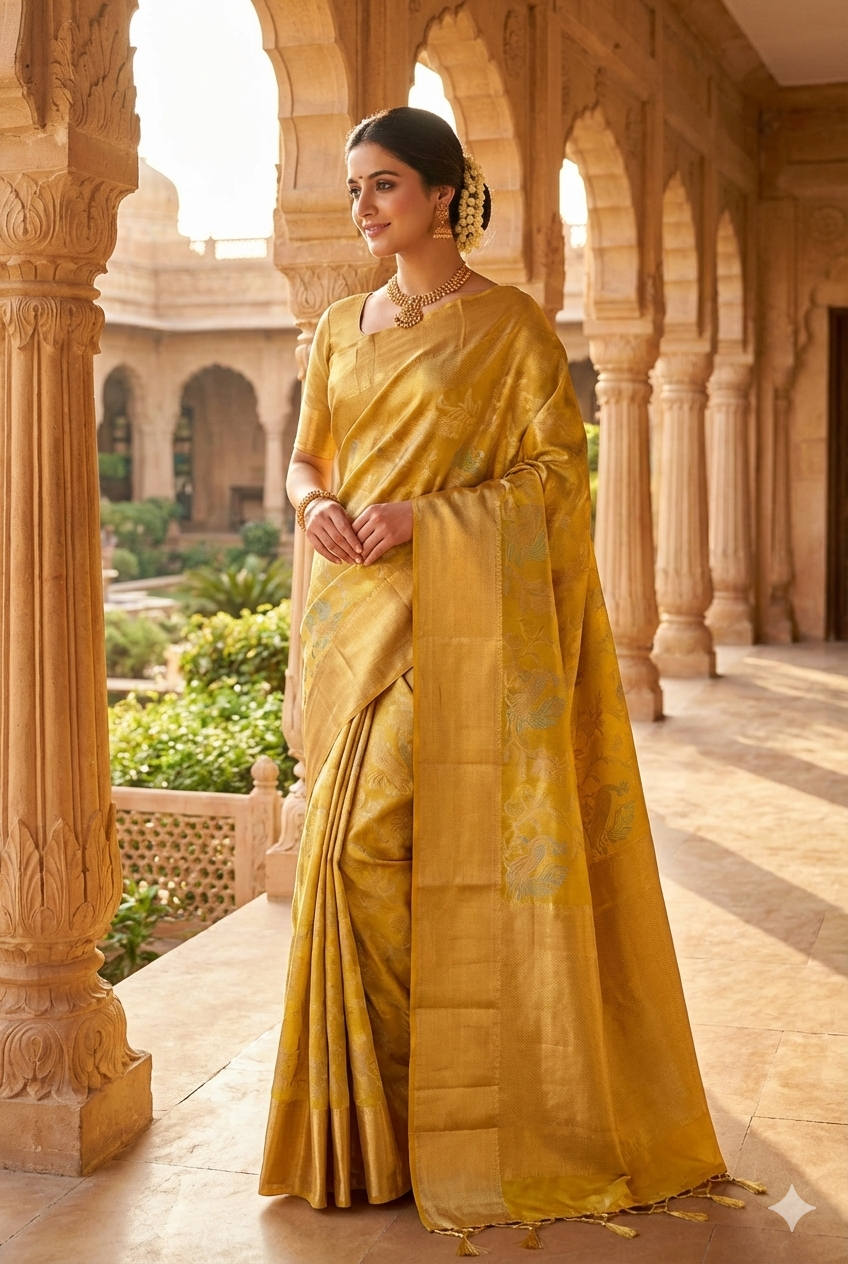 Gold Tissue Kanjeevaram Silk Saree, With Unstiched Blouse