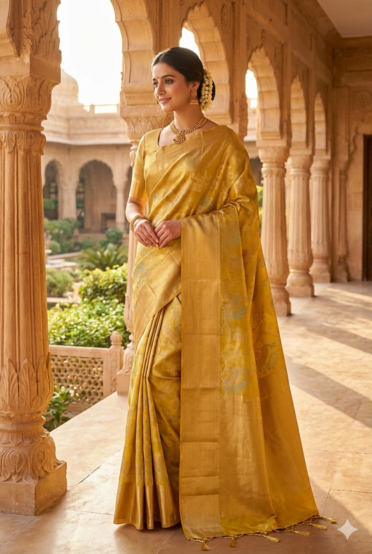 Gold Tissue Kanjeevaram Silk Saree, With Unstiched Blouse