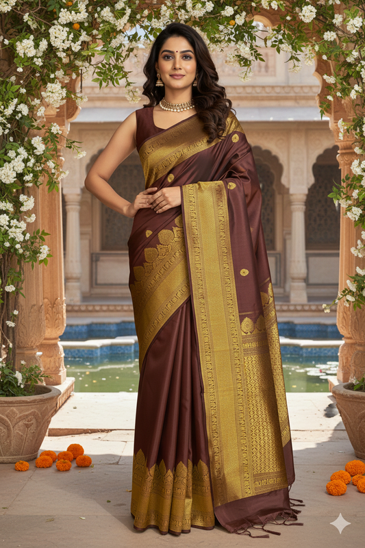 Chocolate Brown Kanjeevaram Silk Saree Hand Weaving, With Unstich Blouse