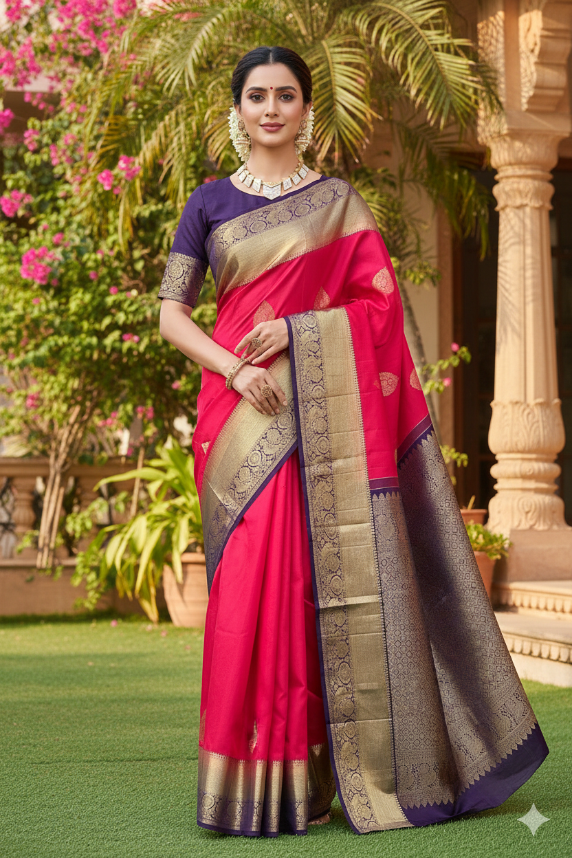 Magenta Pure Kanjeevaram Silk Saree, With Unstiched Blouse