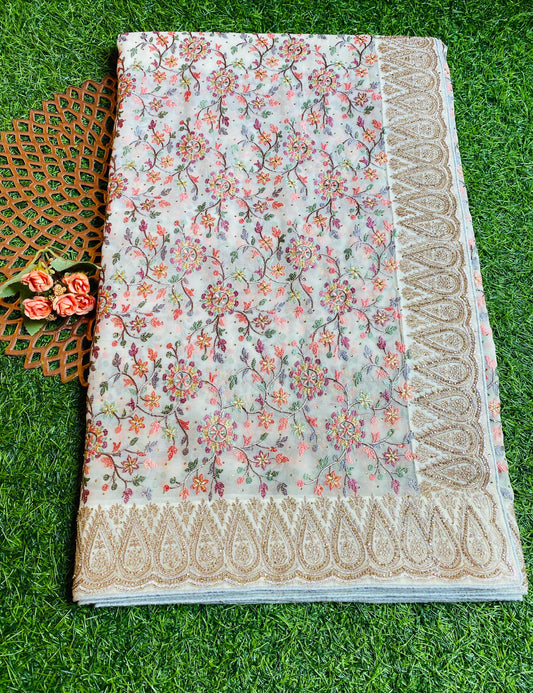 Offwhite Georgette Saree With Kashmiri Embroidery, Unstitched Blouse