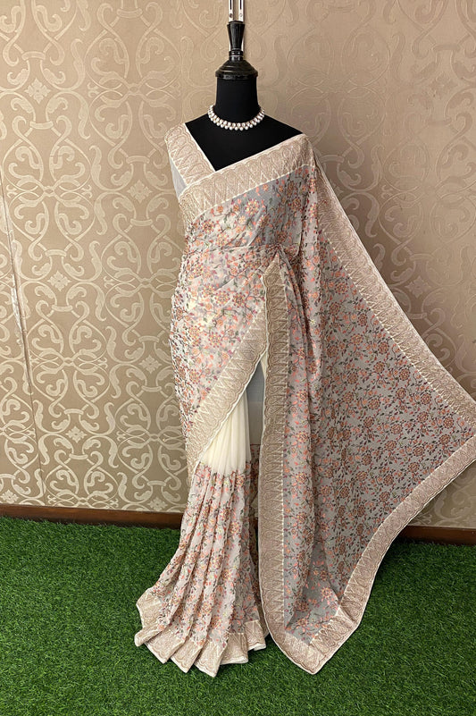 Offwhite Georgette Saree With Kashmiri Embroidery, Unstitched Blouse