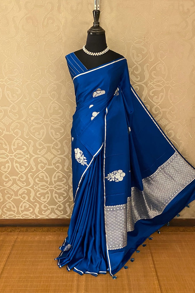 Blue Mashru Silk Banarasi Kadwa Handloom Saree, With Blouse