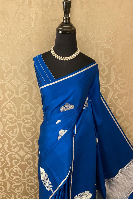 Blue Mashru Silk Banarasi Kadwa Handloom Saree, With Blouse