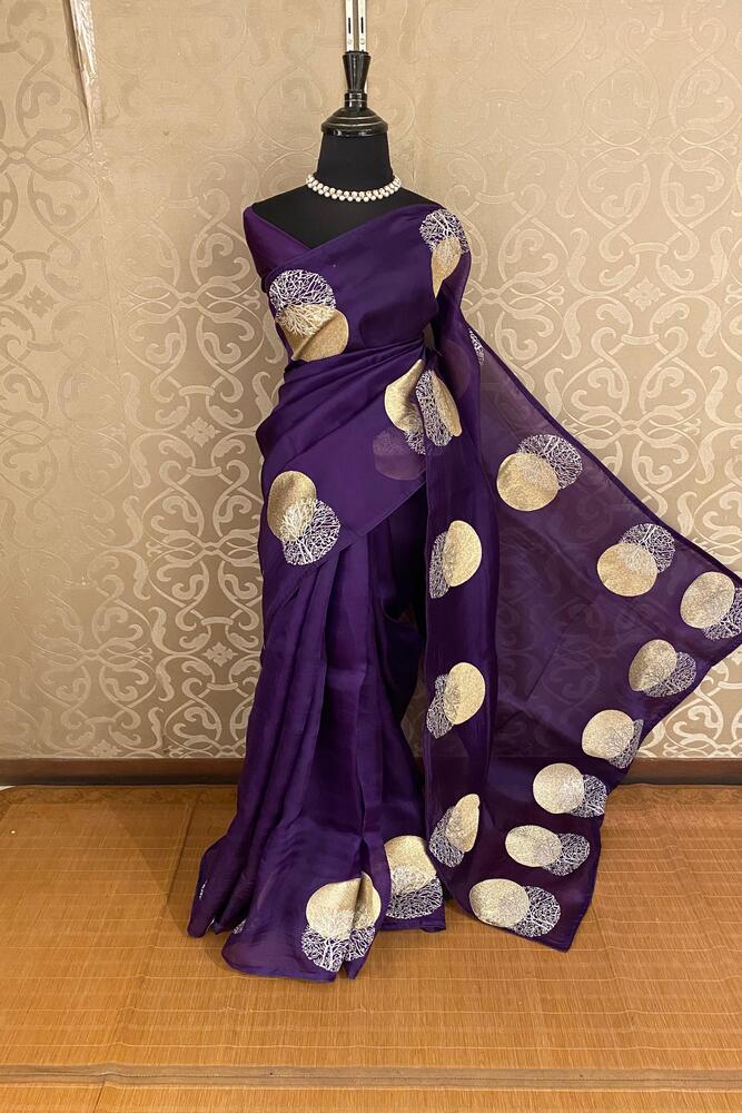 Purple Organza Printed Saree With Pita Zari Work, With Unstiched Blouse