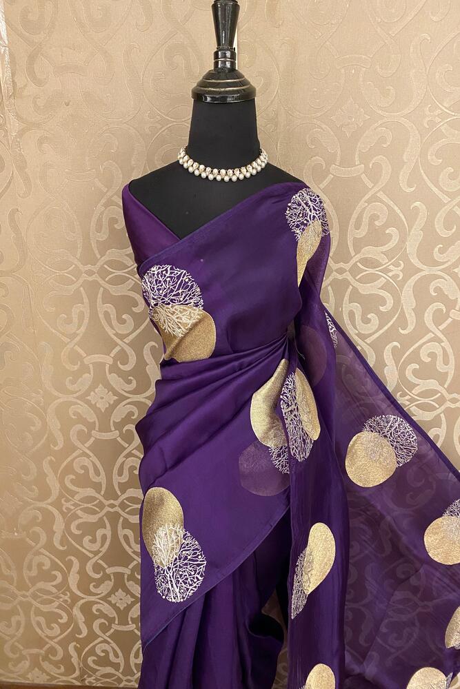 Purple Organza Printed Saree With Pita Zari Work, With Unstiched Blouse
