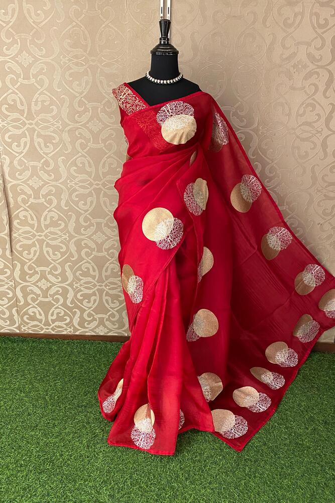 Rani Pink Organza Printed Saree With Pita Zari Work, With Unstiched Blouse