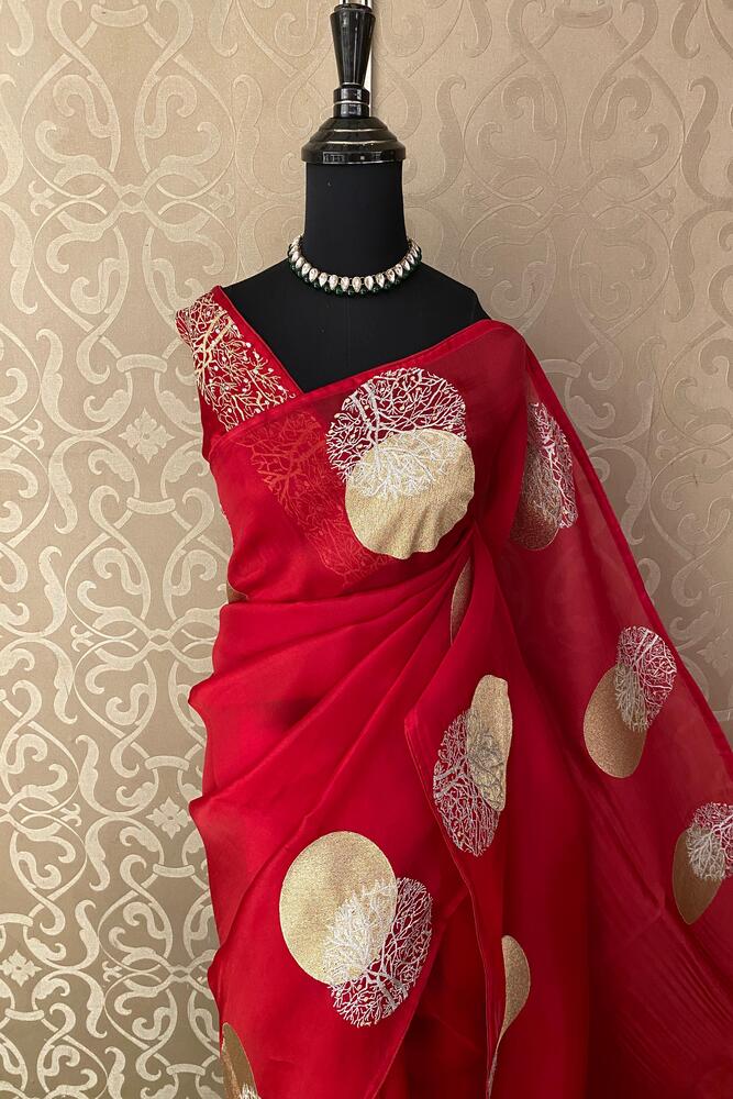 Rani Pink Organza Printed Saree With Pita Zari Work, With Unstiched Blouse