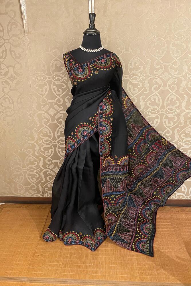 Black Organza Saree With Lambani Work, With Unstiched Blouse