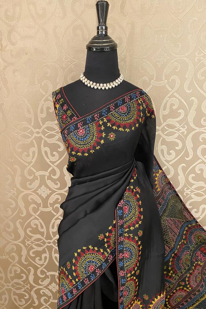 Black Organza Saree With Lambani Work, With Unstiched Blouse