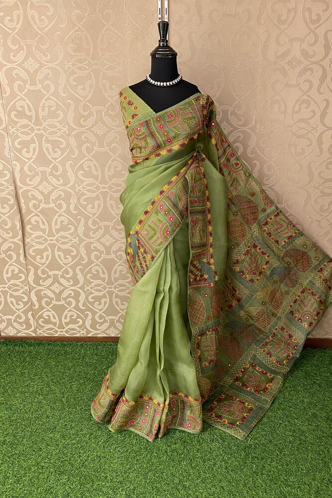 Parrot Green Organza Saree With Lambani Work, With Unstiched Blouse