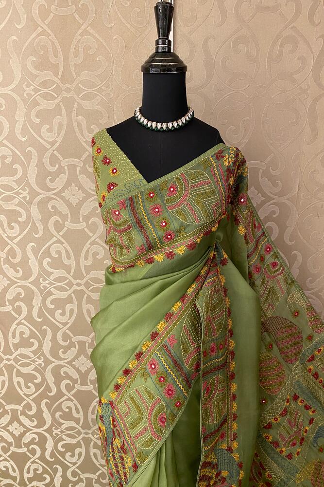 Parrot Green Organza Saree With Lambani Work, With Unstiched Blouse