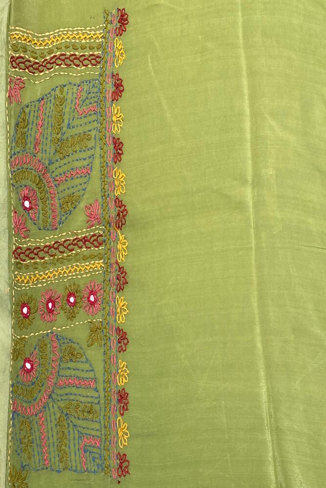 Parrot Green Organza Saree With Lambani Work, With Unstiched Blouse