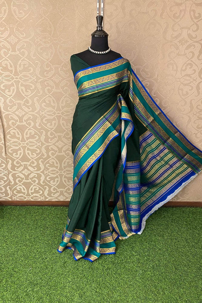Deep Green Mysore Crepe Banarasi Silk Saree With Unstiched Blouse