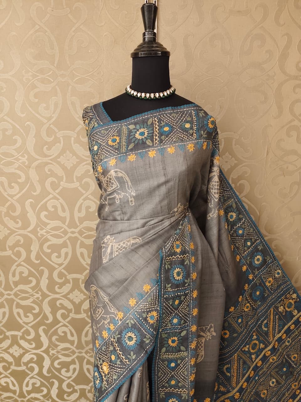 Grey Tussar Hand Embroidery Saree, With Unstitched Blouse