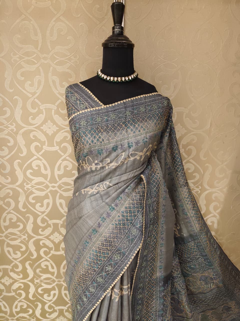 Grey Tussar Hand Embroidery Saree, With Unstitched Blouse