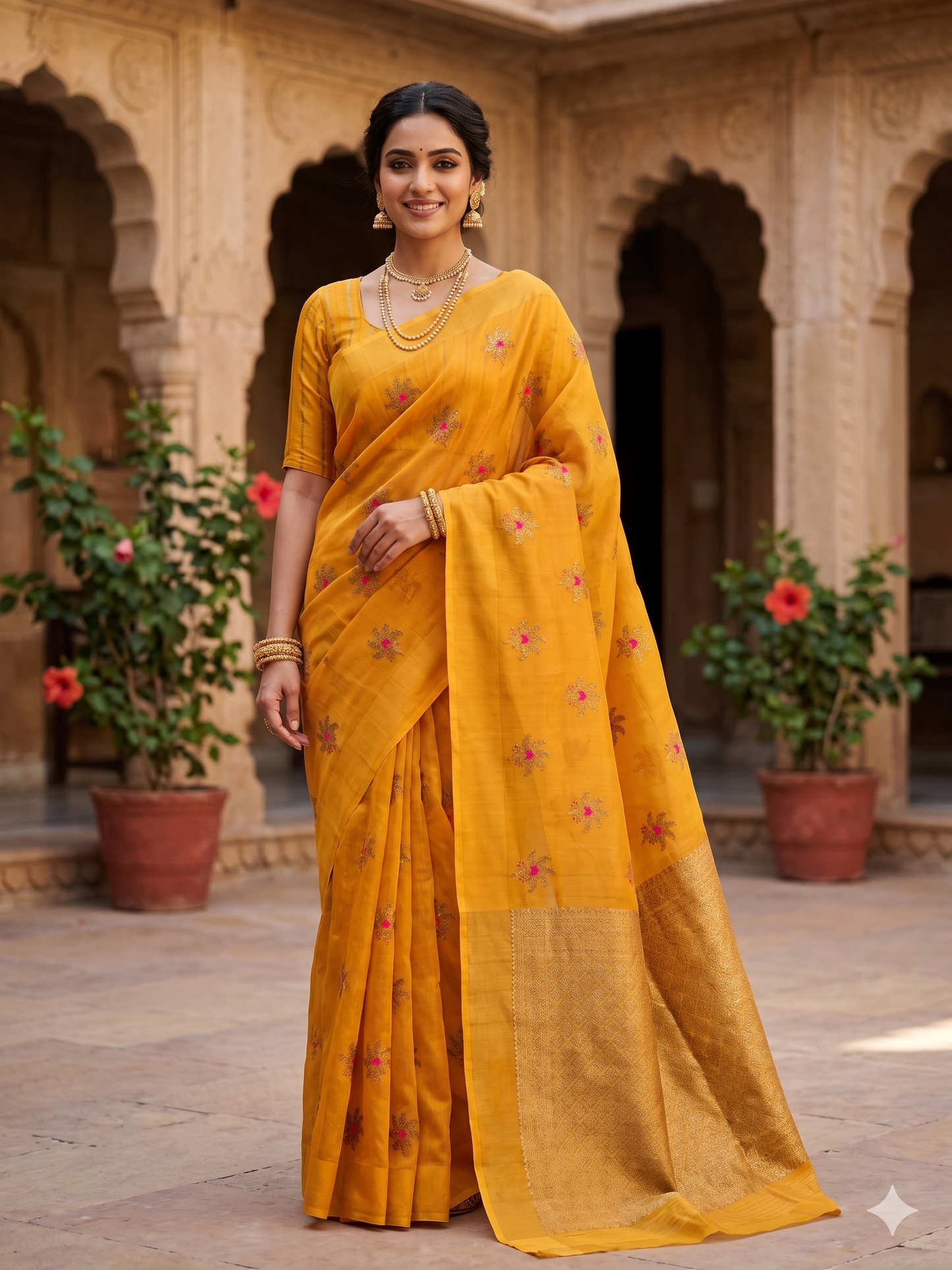 Mustard yellow Kora Banarasi silk saree with intricate gold zari work and matching unstiched blouse, traditional Indian wear by Saarang Sarees.