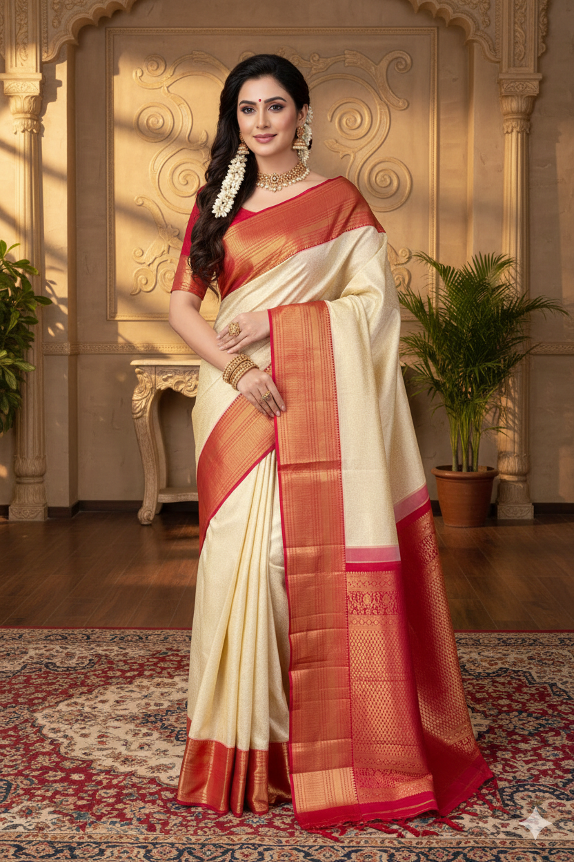 Offwhite & Red Pure Kanjeevaram Silk Saree With Border And Unstich Blouse Piece