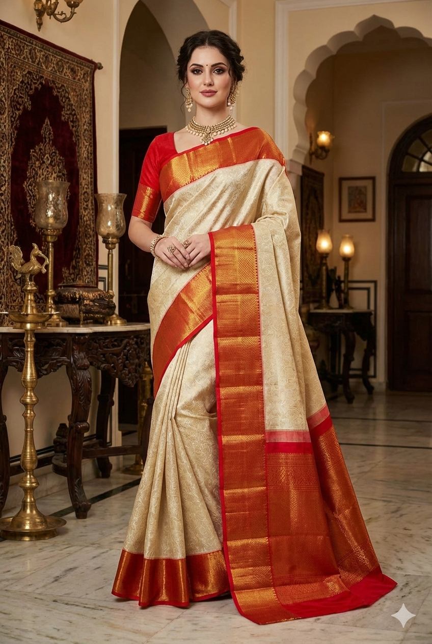 Offwhite & Rose Red Pure Kanjeevaram Silk Saree With Border And Unstich Blouse Piece