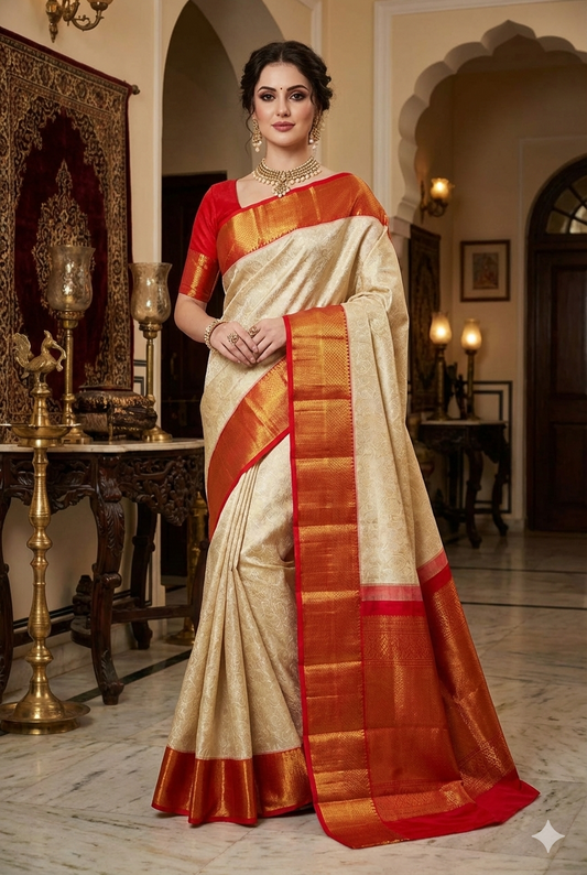 Offwhite & Rose Red Pure Kanjeevaram Silk Saree With Border And Unstich Blouse Piece