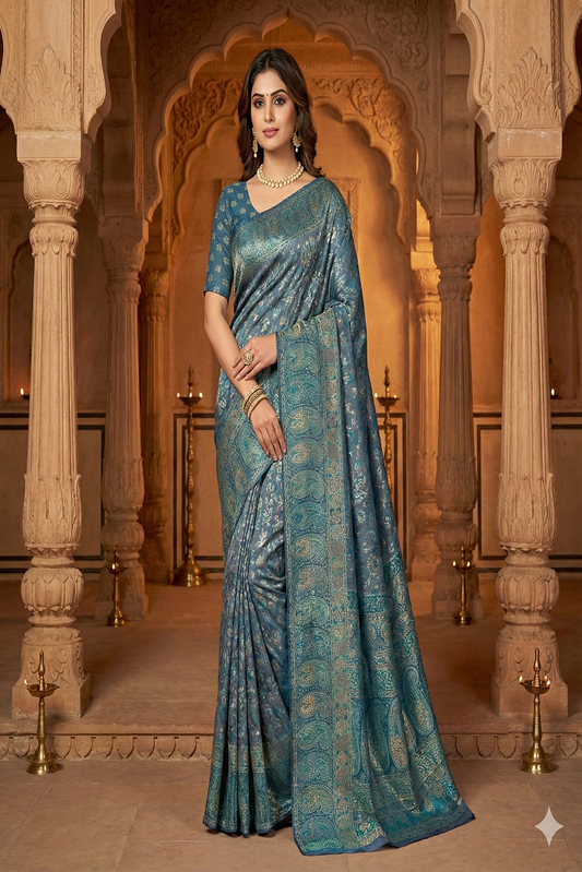 Purple & Teal Blue Pure Kani Handloom Silk Saree With Unstiched Buta Woven Blouse