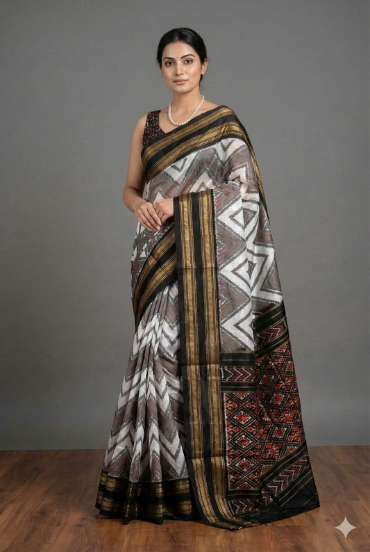 White and black Pochampally Ikat silk saree with colorful weaving and an unstiched blouse, traditional wear by Saarang Sarees.