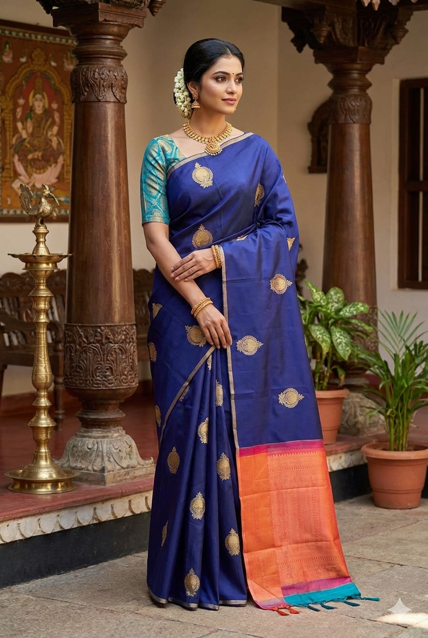 Navy Blue Kanjeevaram Silk Saree Hand Weaving, With Unstich Blouse