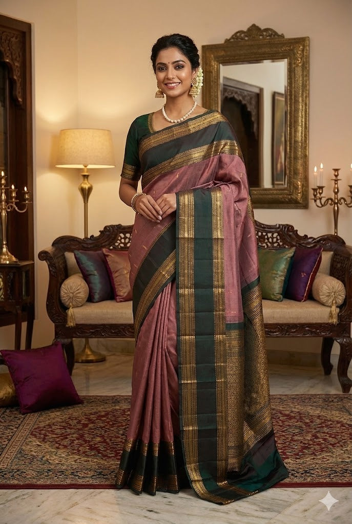 Brown Pure Kanjeevaram Silk Saree, With Unstiched Blouse