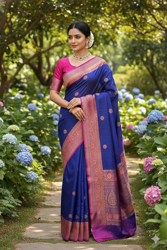 Deep Blue Dupion Tussar Silk Saree, With Unstiched Blouse